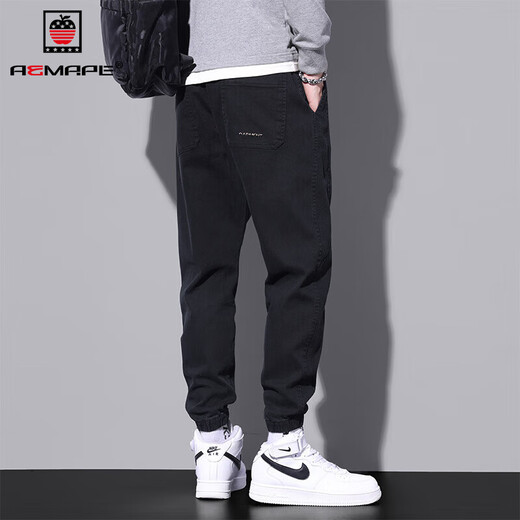 AEMAPE Jeans Men's Men's Deventy Ties Loose Pants Pelled Pelled Men's 2025 Spring and Summer Nuevo estilo más Pantalones Casales de Vellena Men 9859 Negro Plus Fleece l