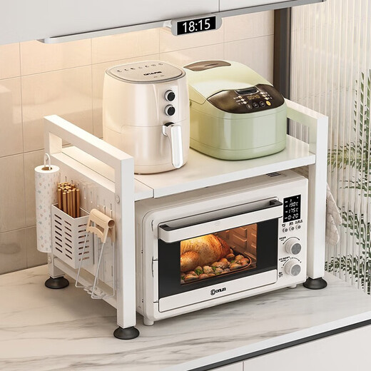 YOUQIN retractable kitchen microwave shelf storage rack multi-functional household countertop rice cooker oven storage bracket white double layer telescopic style + 6 hooks
