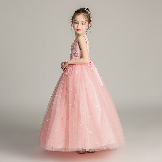 Dev Ake children's dress girl princess skirt host high-end piano performance evening dress little girl wedding summer big boy BX683 long sleeveless pink 120 (recommended 34-40 Jin [Jin equals 0.5 kg])
