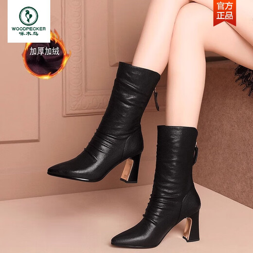 啄木鸟真皮尖头跟中筒靴2025秋冬新款女鞋后拉链加绒高跟马丁靴女 黑色加绒 37