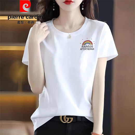 皮尔卡丹（pierre cardin）官方高端捡漏品牌撤柜纯棉白色短袖t恤女装宽松印花体恤衫夏季上 品牌旗舰6174白色 短袖 XL (建议120-135斤)