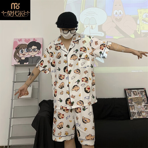 Modal Japanese cute Crayon Shin-chan couple pajamas for women summer pure cotton short-sleeved summer men's home wear three-piece suit White Crayon Shin-chan short sleeves + shorts + trousers Men's L size 90-120 Jin Jin equals 0.5 kg Wear