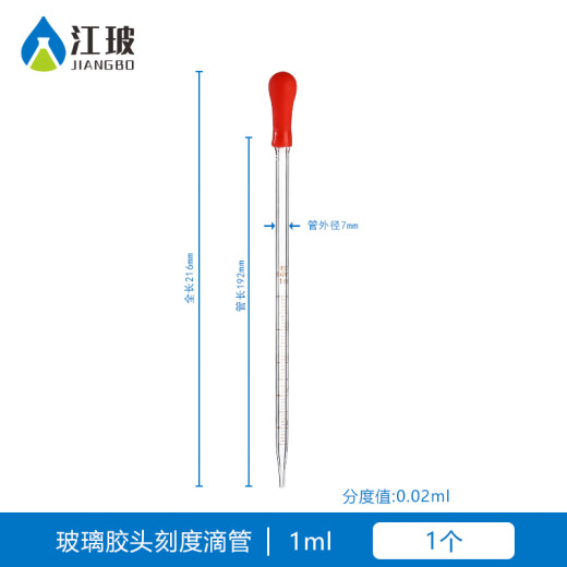 Jianggang glass scale dropper tubing head tubing laboratory Drops of the pipette pipe tube one -time sampling pipe potion cosmetics glass scale dropper 1ml [with red head]