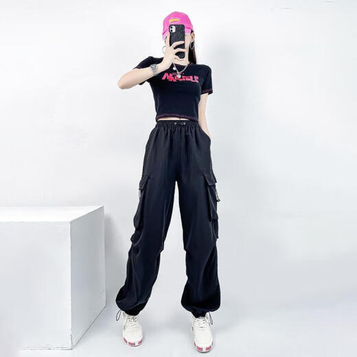 智兜兜小个子爵士舞套装广场舞蹈kpop跳舞套装女夏爵士舞服装运动穿搭街 386黑短袖+1049玫红裤子 均码 s