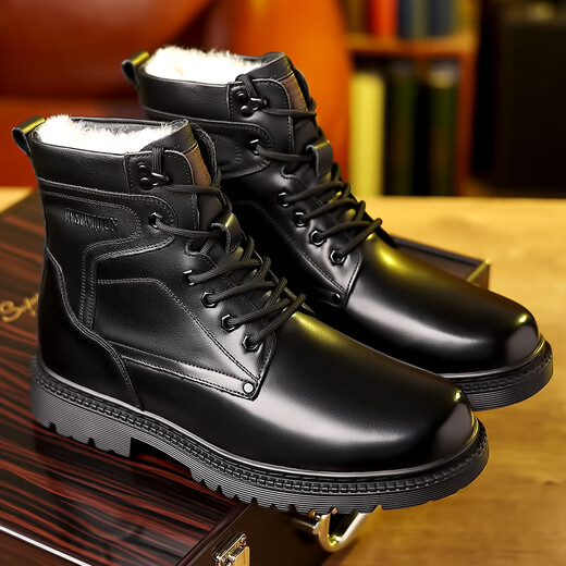 Western Region Camel Martin Boots Men's Genuine Leather Military Cruiser Wool Cotton Boots Winter Warm Plus Fleece Men's Shoes Cowhide Casual Snow Boots 3518 Black [Fur Integrated Flat Sole] 39