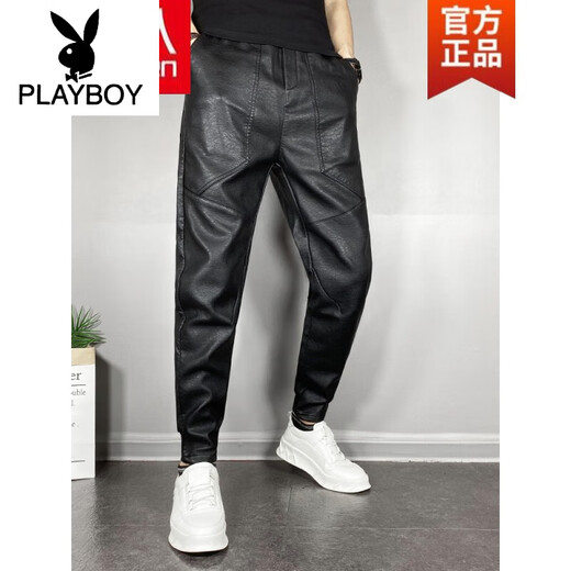 Playboy (PLAYBOY) Men's autumn and winter plus velvet thickened casual foot pants elastic tying feet windproof waterproof motorcycle leather black tying feet plus velvet 35