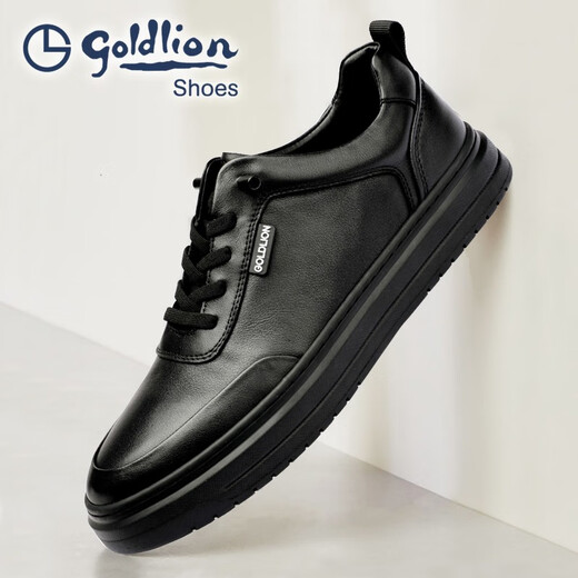 Goldlion men's shoes round-toe men's sneakers simple black cowhide business casual leather shoes for men black 40