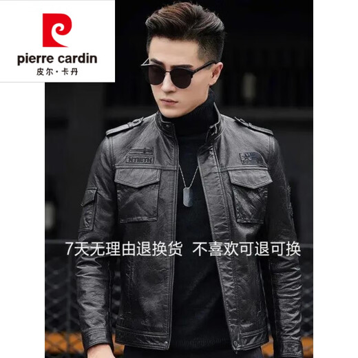 皮尔卡丹（pierre cardin）真皮皮衣男2023新款海宁绵羊皮机车修身短款韩版立领皮夹克外套潮 黑色-单皮 175/XL码-125-135斤