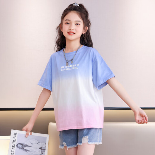 NICKYBABY女童短袖t恤2025新款大童夏季纯棉女孩渐变上衣T儿童洋气宽松夏装 9852渐变短袖 140 cm