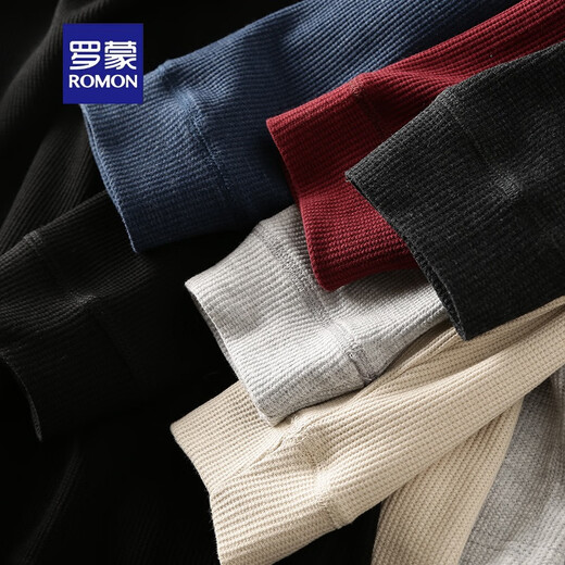ROMON has a good reputation, waffle Henry collar, men's solid color loose knitted pullover bottoming shirt, casual long-sleeved T-shirt, light gray S 115-130Jin Jin is equal to 0.5 kg