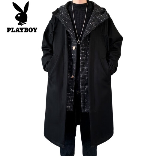 Playboy trench coat men's mid-length trendy loose summer thin Korean style fake two-piece hooded woolen coat black 2XL