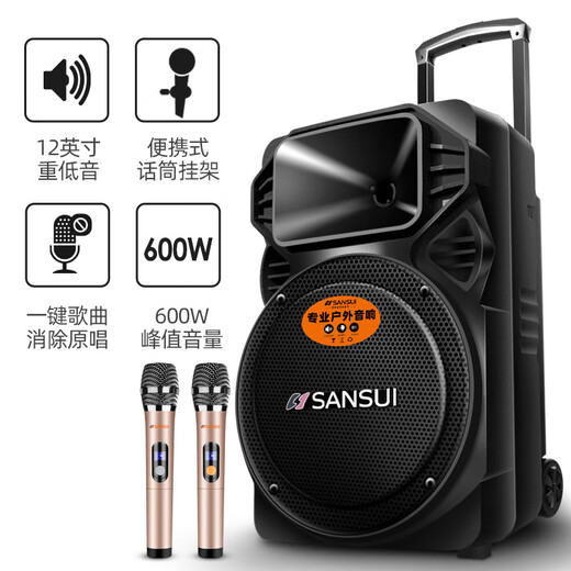SANSUI square dance trolley audio speaker Bluetooth outdoor karaoke portable mobile stage performance 12-inch audio high-power high-fidelity waterproof home 12-inch subwoofer 30 hours + dual microphones