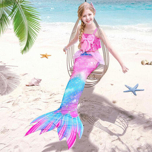 Ruiyang Meerjungfrau Kleidung Prinzessin Schwanz Badeanzug Girl Split Bikini Baby Badeanzug Neues heißes Frühling farbenfrohe dreiteilige Set + Krone + Halskette 4-teilige Set 130 cm
