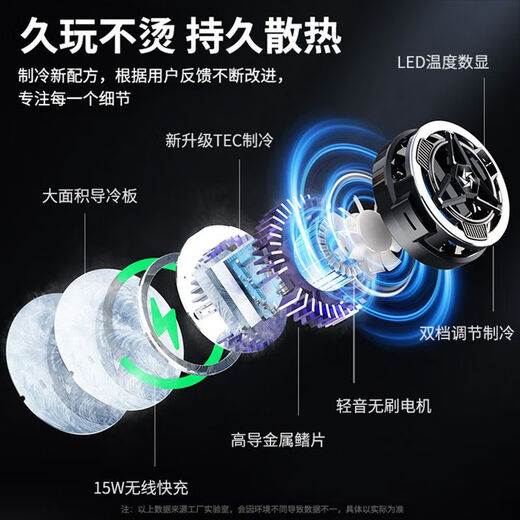 Mengyin mobile phone radiator magnetic suction semiconductor cooling back clip live flat panel cooling artifact wireless charging built-in battery air-cooling patch is suitable for Apple iPad OnePlus iqoo [three-in-one upgraded model 丨back clip magnetic suction model] with wireless charging丨re real-time temperature display