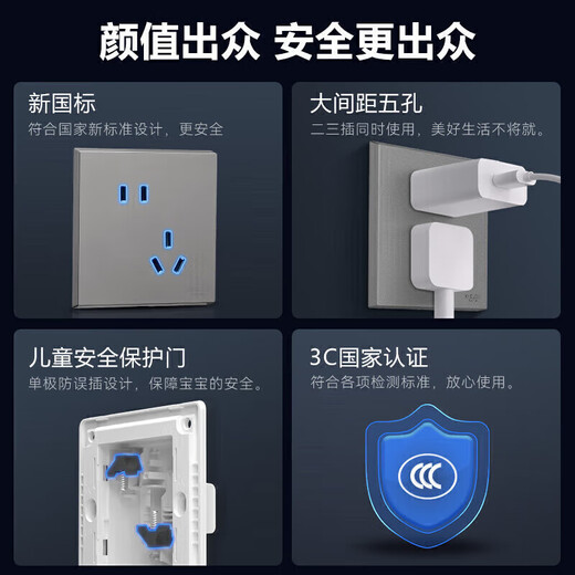 德力西（DELIXI）开关插座面板 CD229系列10A斜五孔插座10只装 哑光灰色