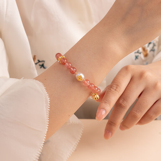 BOSFRU Natural Authentic Transparent Southern Red Bracelet Female Pink Pearl Transfer Beads Beaded Bracelet Birthday Gift for Girlfriend Wenwan Inlaid Pearl Ice Transparent Southern Red Bracelet Bracelet Length 17cm