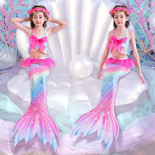 Ruiyang Meerjungfrau Kleidung Prinzessin Schwanz Badeanzug Girl Split Bikini Baby Badeanzug Neues heißes Frühling farbenfrohe dreiteilige Set + Krone + Halskette 4-teilige Set 130 cm