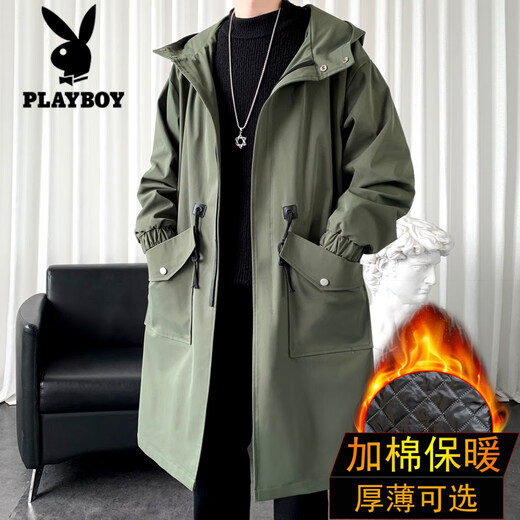 花花公子（PLAYBOY）中长款风衣男夏季棉薄潮牌休闲装棉服潮流连帽大衣宽松外套 F698绿色 M 90至120斤可穿