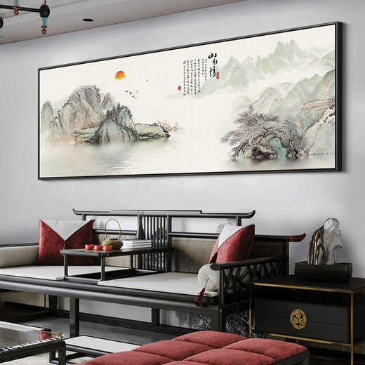 新中式客厅沙发背景墙装饰画办公室中国画山水画壁画大气挂画字画 望云楼A 18060适合253m沙发墙面典雅黑铝