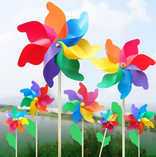 Hi (haizou) Traditional wooden pole colorful windmill outdoor decoration sunflower double-decker windmill children's toy street stall large windmill colorful windmill 18cm with 40cm wooden pole