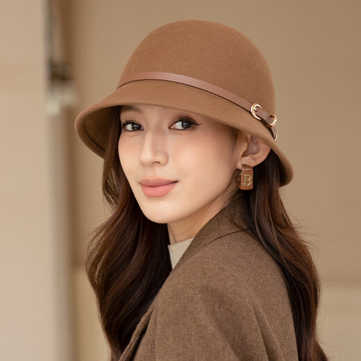 Tilburg star's same style hat for women in autumn and winter, elegant and versatile bucket hat for women, high-end warm wool fisherman hat for women, dark coffee color, 100% Australian fine wool M (56-58cm)