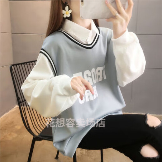筏芯潮流卫衣女小个子女生学加绒秋冬宽松小众外套保暖百搭假两件套上 6169#白色【加绒加厚】 L码【建议100-120斤】