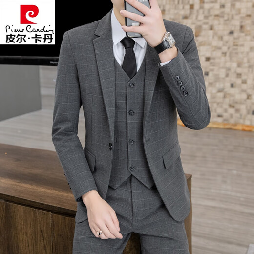 Pierre Cardin Korean style plaid suit suit men's casual business formal three-piece suit groom's wedding suit jacket men's light gray suit + vest + pants tie XL