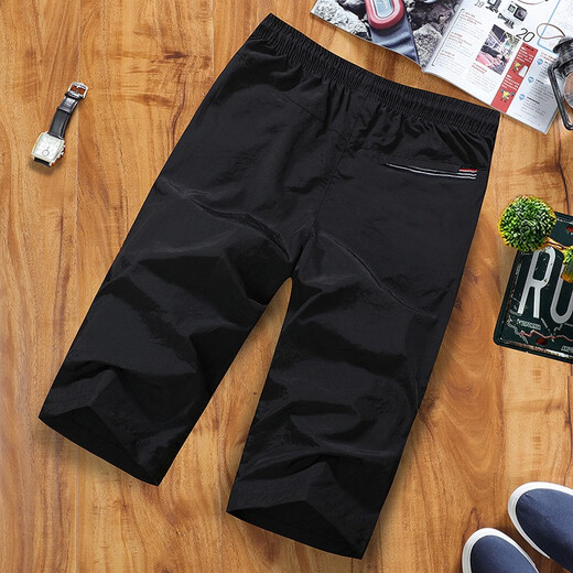 Shuobin Men's Cropped Pants Summer New Style Casual Home and Outdoor Beach Pants Breeches Quick-Drying Large Pants Trendy Black One Size (100-165Jin Jin is equal to 0.5kg)