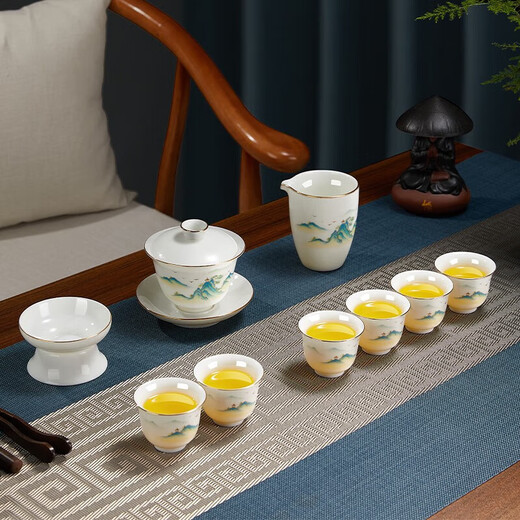 Wilkie Tea Set Tea Maker Full Set Kung Fu Tea Set Complete Set High-end Ceramic Tea Cup Set Jingdezhen Household Tea Set Tea Set Wanli Jiangshan Ten-Head Gold Gift Box