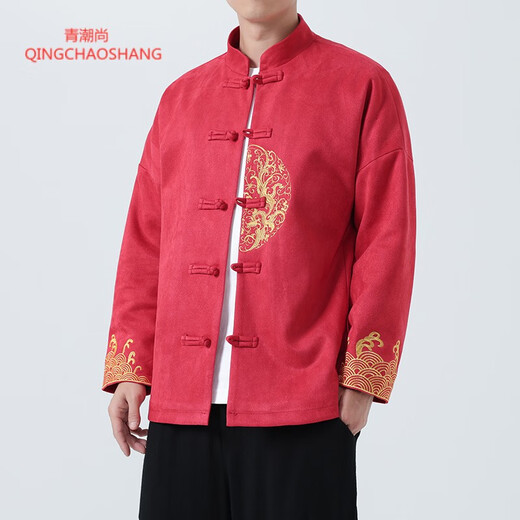 
Green Trendy Tang suit men's jacket jacquard Chinese style cotton and linen embroidery casual large size Zhongshan suit buckle Hanfu trend red Y1047 3XL