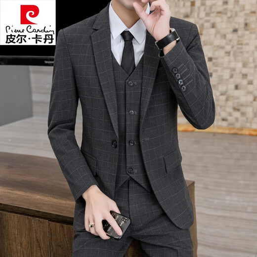 Pierre Cardin Korean style plaid suit suit men's casual business formal three-piece suit groom's wedding suit jacket men's light gray suit + vest + pants tie XL