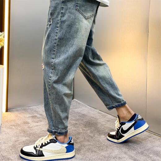 Yirancheng Chengpin Jeans Men's Carrot Pants New Summer Loose Harlem Pigs Handsome Nine-point Ripped Loose Breathable Pants Men Blue 2XL [Suggested 150-165 Jin [Jin equals 0.5 kg]]