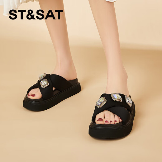 Saturday (St/Sat) mid-heel sandals for women 2024 summer new fish mouth rhinestone sandals fashionable and versatile one-slip flops for women black 35