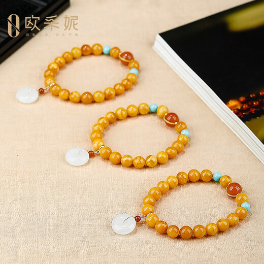 Ou Ceni beeswax bracelet, natural amber, old wax, southern red round beads, Hetian jade safety buckle pendant, single circle multi-treasure bracelet for men and women, ready to wear and ready to make