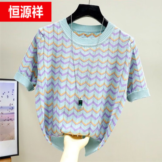 Hengyuanxiang striped short-sleeved t-shirt for women summer 2024 new ice silk half-sleeved top loose versatile thin knitted blouse orange S recommendation (80-95Jin [Jin equals 0.5 kg])
