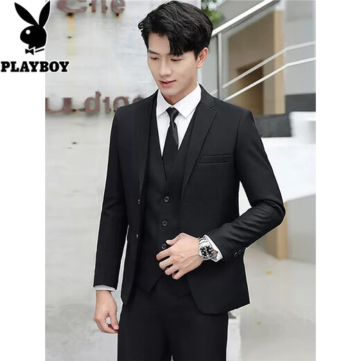 Playboy suit men Korean style slim body jacket best groom wedding business professional suit men two button black top + shirt + tie + trousers XL