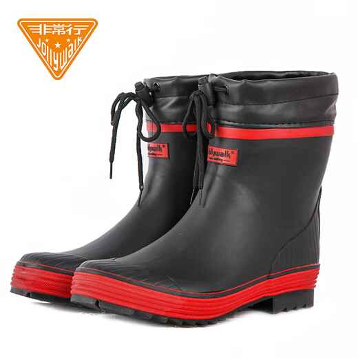 Very good (Jolly Walk) Rubber Rain Shoes Waterproof and Anti-Slip Rain Boots Fashionable rubber shoelaces and mouth-protecting shoes for men JW258-1 Classic black/red (all inclusive lower edge) 41