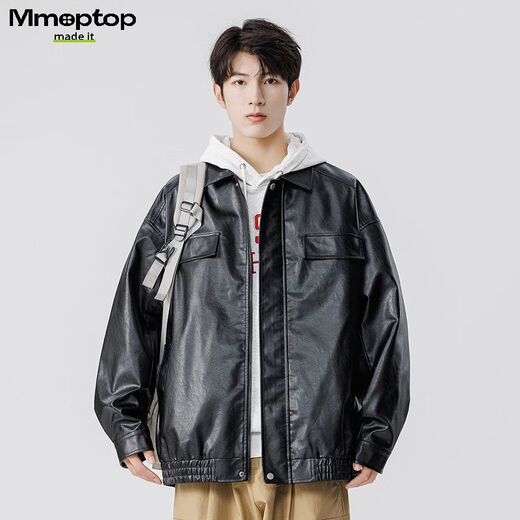 MMOPTOP American Lapel PU Leather Jacket Men's Spring and Autumn Flying Staff Jacket 6073 Agate Black 3XL