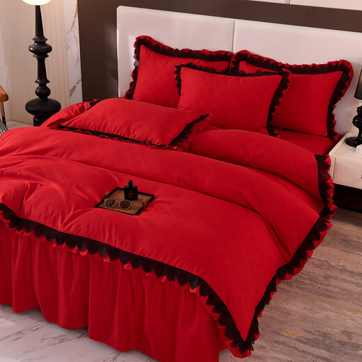 Beishirou skin-friendly and hair-worn French lace bed four-piece set bed skirt princess style lace quilt cover naked sleeping sheet girl heart big red - Lina series 1.5m bed skirt four-piece set-quilt cover 200*230