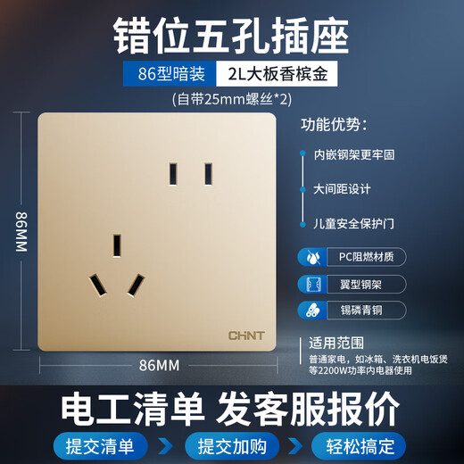 正泰（CHNT）开关插座2L金 内置钢翼家用86型暗装 墙面电源空调插座五孔大板 【热销】斜五孔十只装