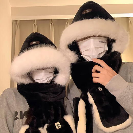 Meman Bear Hat Scarf for Women Christmas Antlers Autumn and Winter Women Warm Scarf for Women Hooded Hat Cute Plush Scarf White Bear Hat Three-piece Set