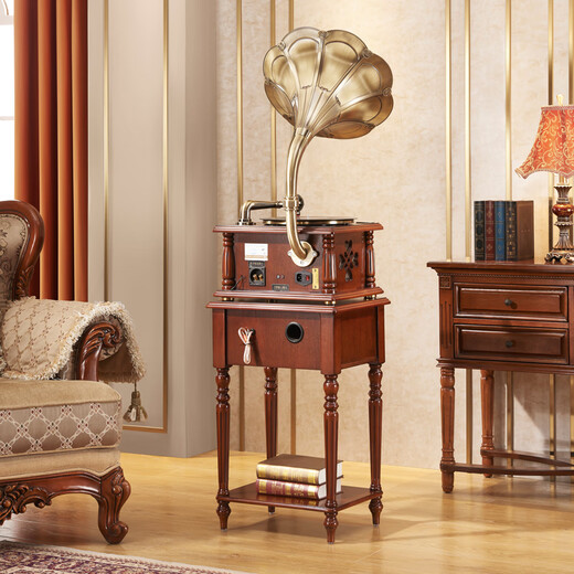 SHENGLINA American solid wood gramophone retro vinyl record player nostalgic national old-fashioned antique large speaker living room audio European record player cherry color copper speaker + subwoofer