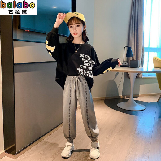 Balabo Children's Clothing Girls Suit Spring Clothing 2021 New Medium and Big Children Korean Style Fashionable Western Children's Suit Sweater Pants Little Girl Casual Two-piece Set Trendy 3-15 Years Old Black 140 Size [Recommended Height Around 135CM]
