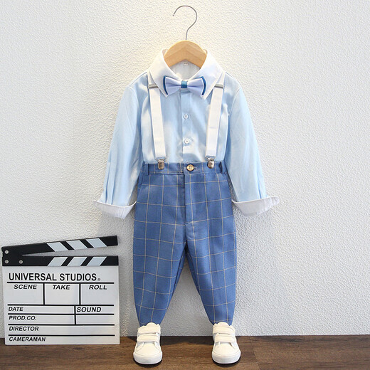 Bear Elf (Xiaoxiongjingling) Jungenkleid Sommer-Kinderanzug hübscher kleiner Jungen Blumen Boy Host Overss Chors Performance Anzug kurzärmeliges Hemd + Blau-Gitter-Shorts + Fliege + Riemen 120 Größe (empfohlenes Gewicht 37-43 Jin [Jin gleich 0,5 kg]))