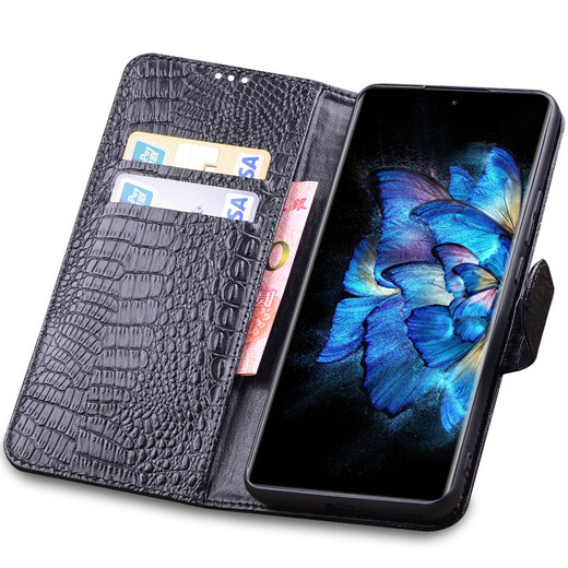 闪森【手工定制】适用VIVO X Note保护套真皮翻盖插卡钱包款xnote手机壳镜头全包软防摔皮套 黑色小鳄鱼纹