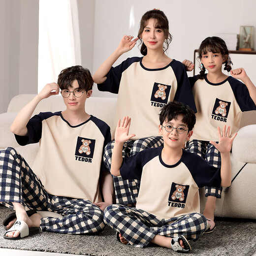 曼妮朵春秋儿童睡衣卡通纯棉短袖长裤亲子装一家三四口中大童家居服套装 F724【短长】 L码建议160-165cm