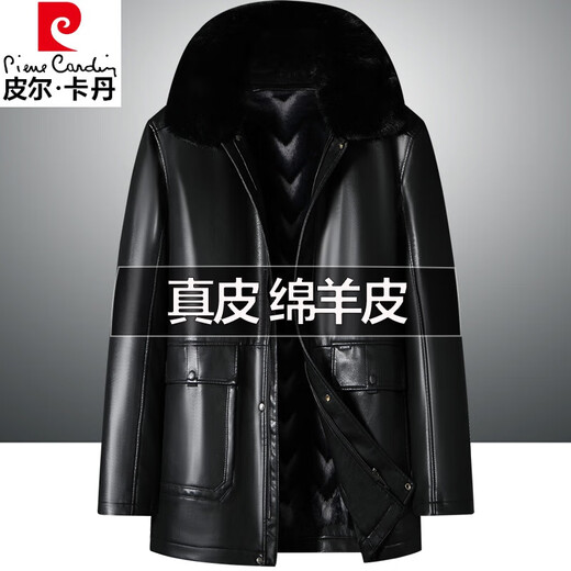 皮尔卡丹（pierre cardin）中老年真皮皮衣男加绒加厚大码男士中长款派克服大衣男绵羊皮外套 黑色【狐狸真毛领】 XL 180【140-160斤穿】