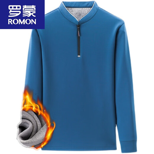 罗蒙（ROMON）加绒加厚长袖t恤男休闲上衣冬中年男装立领打底衫 【QPD加 绒加 厚】6625 宝兰 有 M 165