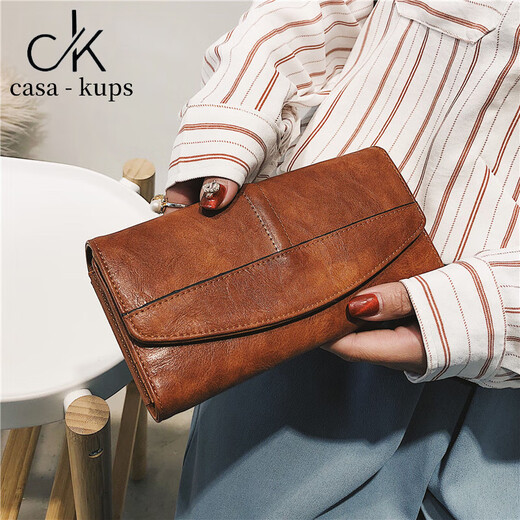 casa-kupsCK女包轻奢简约女包2025新款钱包长款手拿包复古搭扣油腊 棕色
