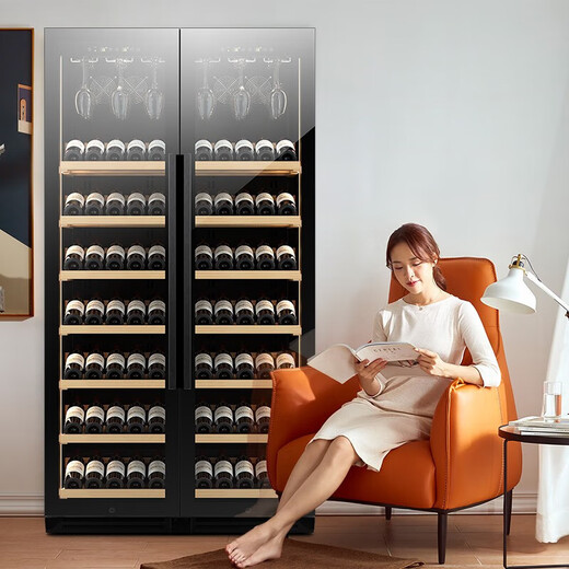 Vincase double-door wine cabinet, constant temperature wine cabinet, moisturizing, large capacity, air-cooled double-door refrigerator, built-in wine cabinet, home living room, commercial display cabinet, tea and liquor preservation cabinet, 1.9 meters, dual temperature zone (hanging cup + display), 120 bottles, thin section 550mm deep